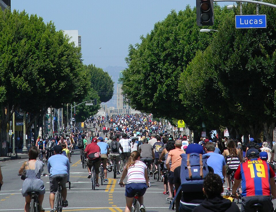People cycling on a Los Angeles street during CicLAvia