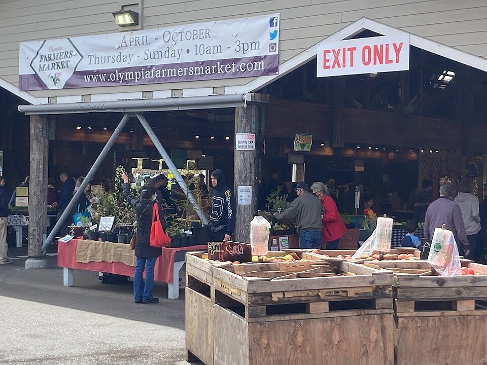 Stalls and produce boxes at Olympia Farmers Market
