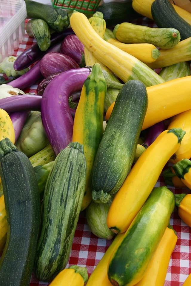 Zucchini, eggplant and yellow squash at a farmers market