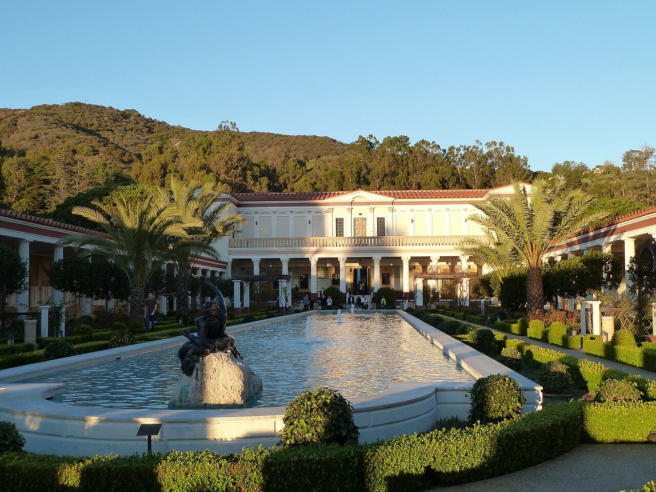 Long reflecting pool, gardens and colonnades at the Getty Villa